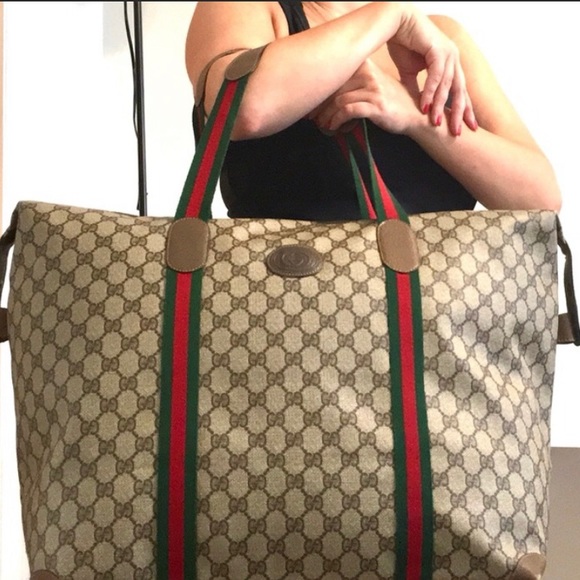 Gucci Handbags - Gucci Beige GG Supreme Travel Tote with Green and Red Webbing